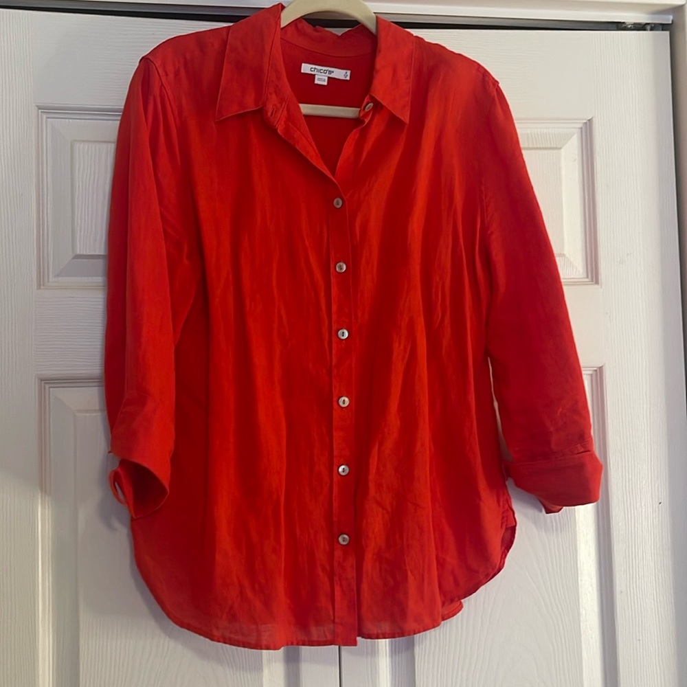 Linen 3/4 Sleeve Blouse Chico’s Flame Red Size Large